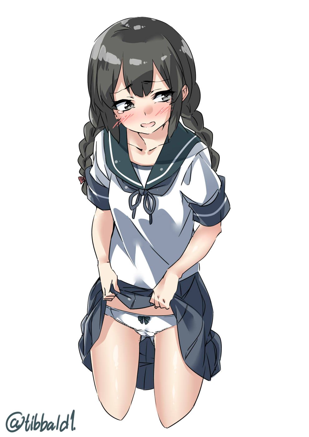 1girl bangs black_eyes black_hair blue_bow blue_skirt blush bow bow_panties braid collarbone cowboy_shot cropped_legs ebifurya eyebrows_visible_through_hair gluteal_fold hair_bow highres isonami_(kantai_collection) kantai_collection lifted_by_self long_hair looking_away looking_to_the_side open_mouth panties pink_bow pleated_skirt school_uniform serafuku short_sleeves simple_background skirt skirt_lift solo tears twin_braids twitter_username underwear white_background white_panties