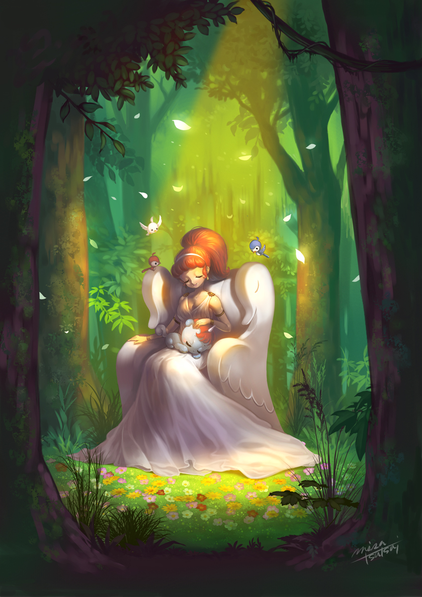 1girl animal armchair armlet artist_name bangs bird breasts chair chiton cleavage dress earrings flower forest glowing grass hairband head_tilt high_ponytail highres jewelry lap_pillow long_dress misa_tsutsui nature petting pink_flower ponytail psyche_(unico) red_flower redhead signature sitting sleeping sleeveless smile sunlight tree unico unico_(character) unicorn white_dress white_flower yellow_flower