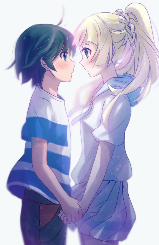 0wsaa0 1boy 1girl black_hair blonde_hair blush couple from_side green_eyes hand_holding hetero lillie_(pokemon) long_hair looking_at_another male_protagonist_(pokemon_sm) pokemon pokemon_(game) pokemon_sm ponytail shirt short_hair short_sleeves simple_background skirt spoilers striped striped_shirt white_background white_skirt
