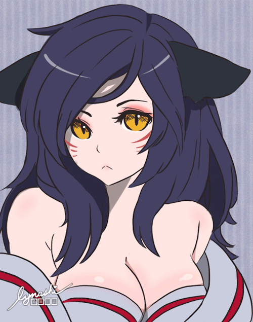 1girl ahri animal_ears animated animated_gif bare_shoulders black_hair blush breasts cleavage closed_eyes detached_sleeves facial_mark fox_ears korean_clothes large_breasts league_of_legends lips long_hair slit_pupils solo whisker_markings yellow_eyes