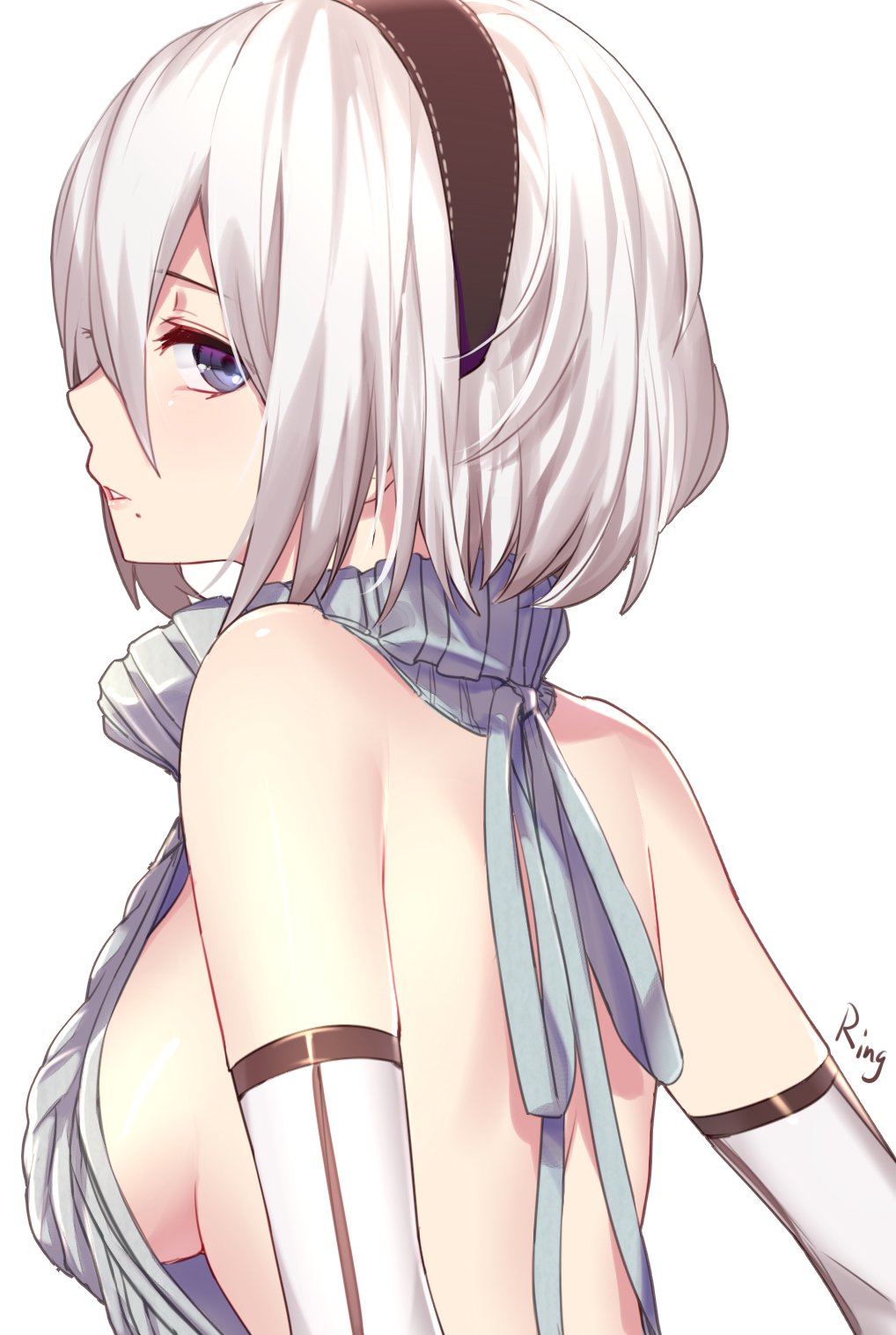 1girl aki663 aran_sweater artist_name backless_outfit bangs bare_back bare_shoulders blue_eyes breasts close-up elbow_gloves gloves hair_between_eyes hairband halterneck highres large_breasts looking_at_viewer naked_sweater nier_(series) nier_automata parted_lips ribbed_sweater short_hair sideboob signature simple_background solo sweater turtleneck turtleneck_sweater upper_body virgin_killer_sweater white_background white_gloves white_hair yorha_no._2_type_b