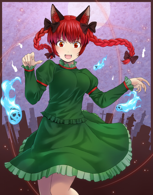 &gt;:d 1girl :d animal_ears arm_garter bangs black_bow blush bow braid breasts cat_ears cowboy_shot cross dress fang frilled_dress frills green_dress hair_bow hitodama juliet_sleeves kaenbyou_rin long_sleeves looking_at_viewer medium_breasts open_mouth puffy_sleeves ragi_(schrdngr) red_eyes redhead smile solo tombstone touhou twin_braids