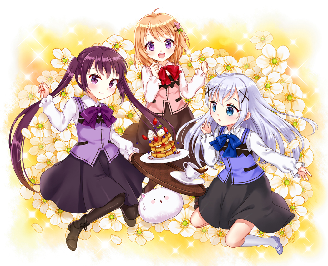 3girls :d :o angora_rabbit bangs black_legwear black_skirt blue_bow blue_bowtie blue_eyes blue_hair blue_shoes blue_vest blueberry blush boots bow bowtie brown_skirt buttons closed_mouth coffee coffee_cup collared_shirt commentary_request cream eyebrows_visible_through_hair flower food fruit full_body gochuumon_wa_usagi_desu_ka? hair_between_eyes hair_ornament hairclip holding holding_tray hoto_cocoa kafuu_chino kneehighs long_hair long_sleeves multiple_girls naomi_(fantasia) open_mouth orange_hair pancake pantyhose pink_vest purple_bow purple_bowtie purple_hair purple_skirt purple_vest rabbit rabbit_house_uniform red_bow red_bowtie shirt shoes short_hair sidelocks skirt smile spill strawberry sweatdrop tedeza_rize tippy_(gochiusa) tray twintails vest violet_eyes white_legwear white_shirt x_hair_ornament