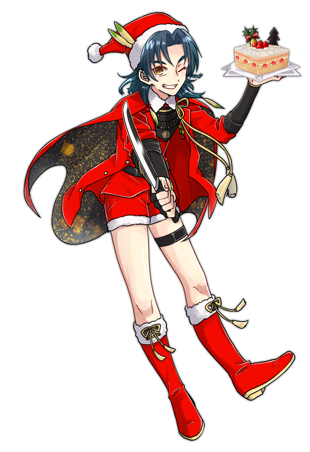 1boy armor blue_hair boots cake cape christmas food fruit grin hat japanese_armor male_focus one_eye_closed samosuke santa_boots santa_hat shorts smile strawberry sword taikogane_sadamune tantou touken_ranbu weapon yellow_eyes