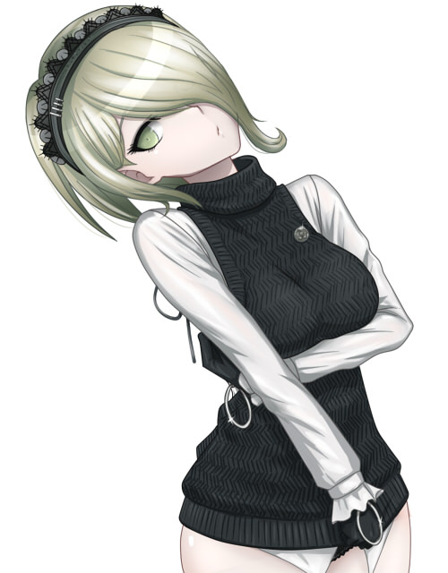 1girl black_gloves black_sweater breasts closed_mouth dangan_ronpa dutch_angle expressionless frilled_sleeves frills gloves green_eyes grey_eyes hair_ornament hair_over_one_eye hairband hairclip halterneck long_sleeves looking_at_viewer medium_breasts new_dangan_ronpa_v3 pursed_lips ribbed_sweater short_hair_with_long_locks silver_hair simple_background solo sweater toujou_kirumi turtleneck turtleneck_sweater urokozuki virgin_killer_sweater white_background