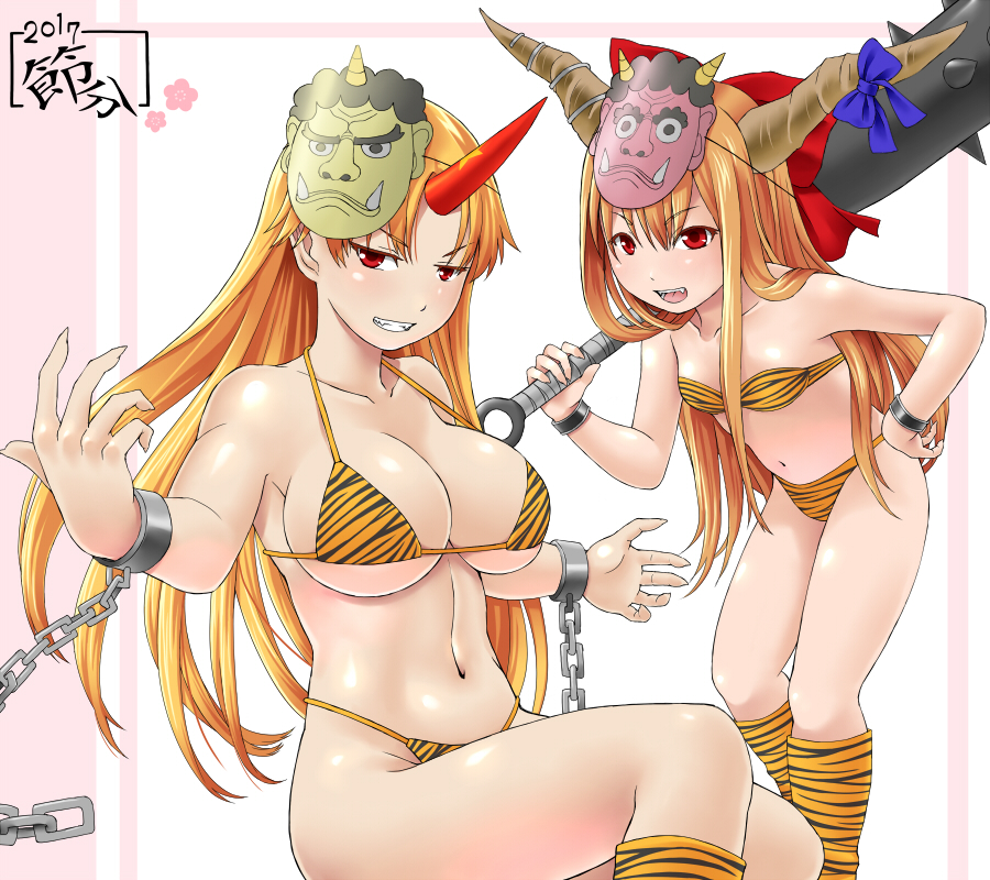 &gt;:d 2girls :d alternate_costume animal_print bare_arms bare_shoulders bikini blonde_hair blue_bow blush bow breasts chains cleavage club collarbone cuffs grin hair_bow highleg highleg_bikini horn horn_bow horns hoshiguma_yuugi ibuki_suika kanabou large_breasts long_hair looking_at_viewer mask mask_on_head multiple_girls navel oni oni_mask open_mouth orange_hair print_bikini print_legwear ragi_(schrdngr) red_bow red_eyes setsubun shackles sidelocks sitting small_breasts smile socks standing stomach swimsuit tiger_print touhou under_boob weapon