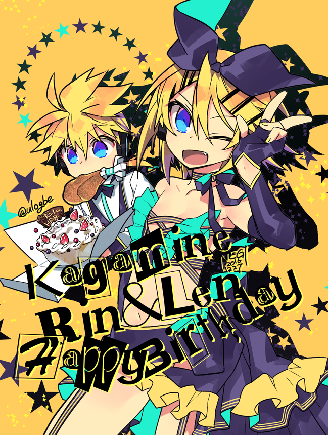 1boy 1girl 2016 anniversary armpit_peek artist_name asymmetrical_clothes bangs bare_shoulders birthday birthday_cake black_bow black_bowtie black_gloves black_skirt black_vest blonde_hair blue_eyes bow bowtie bridal_gauntlets cake character_name chicken_leg choker collarbone contrapposto cowboy_shot dated eating elbow_gloves eyebrows_visible_through_hair fang fingerless_gloves flat_chest food food_in_mouth frilled_skirt frills fruit gloves hair_between_eyes hair_bow hair_ornament hairclip hand_up happy_birthday headphones holding holding_food kagamine_len kagamine_rin long_skirt long_sleeves looking_at_viewer messy_hair midriff mouth_hold naked_ribbon navel one_eye_closed open_mouth ribbon ribbon_choker shadow shirt short_hair signature skirt sleeveless_blazer smile standing star starry_background strawberry twitter_username ulogbe v vest vocaloid w waiter white_shirt yellow_background
