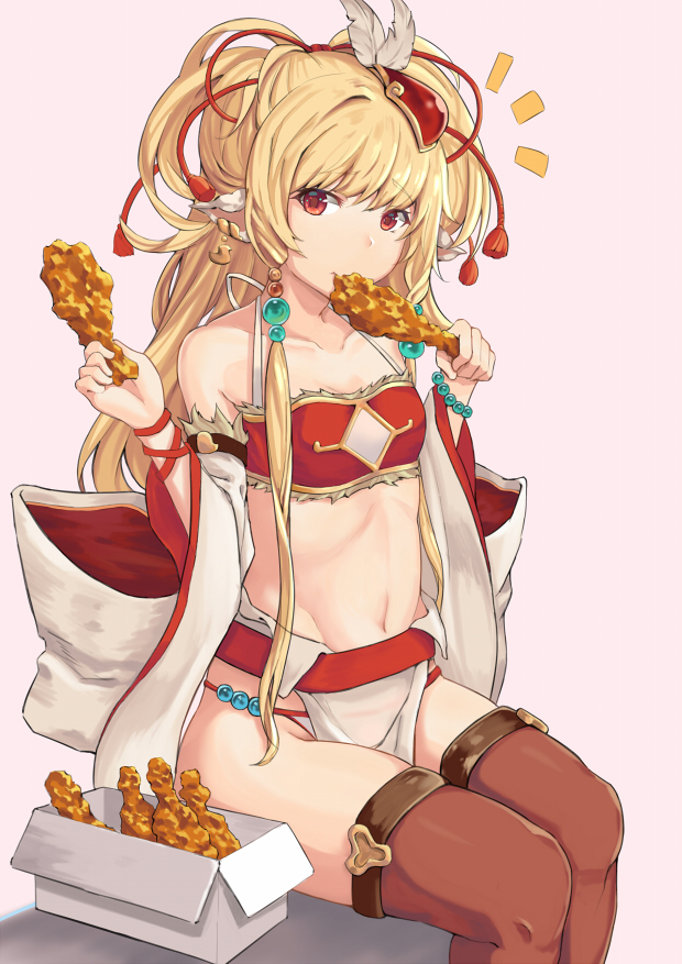 /\/\/\ 1girl bare_shoulders blonde_hair breasts brown_legwear chicken_leg closed_mouth detached_sleeves eating eyebrows_visible_through_hair food fried_chicken granblue_fantasy groin halterneck head_tilt holding holding_food loincloth long_hair looking_at_viewer makira_(granblue_fantasy) mo_shi navel pink_background red_eyes simple_background sitting small_breasts solo thigh-highs very_long_hair wide_sleeves