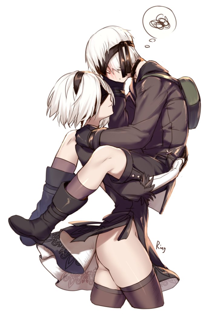 1boy 1girl aki663 ass backpack bag black_dress black_legwear blindfold carrying closed_mouth cowboy_shot dress embarrassed expressionless from_side hairband looking_away nier_(series) nier_automata no_panties short_dress short_hair simple_background squiggle sweatdrop thigh-highs thighs thought_bubble twitter_username white_background white_hair yorha_no._2_type_b yorha_no._9_type_s