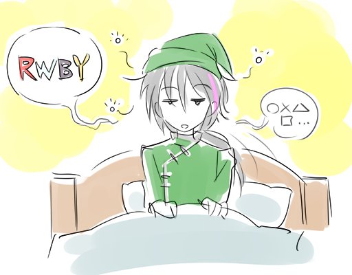 1boy bed commentary drowsy game_console hat iesupa lie_ren monty_oum_(creator) pillow playstation rwby seiyuu_connection title waking_up