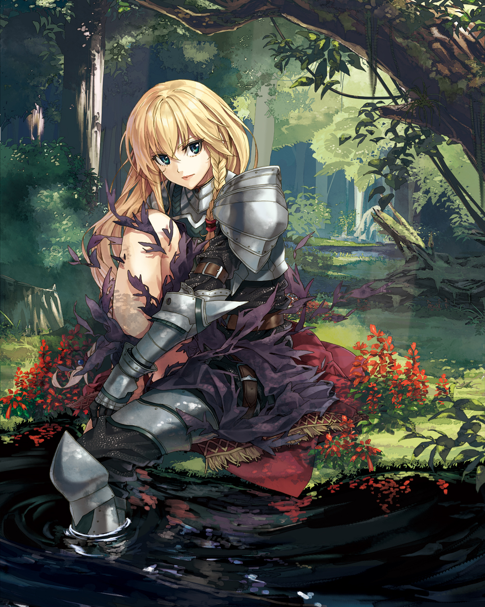 1girl armor bangs black_gloves blonde_hair blue_eyes braid chi_no_ue_no_paladin closed_mouth forest gauntlets gloves greaves hair_tubes highres knee_up knight long_hair looking_at_viewer luna_(reclaimed_land) nature official_art partially_submerged pauldrons river serious side_braid sitting skirt solo sunlight torn_clothes torn_skirt