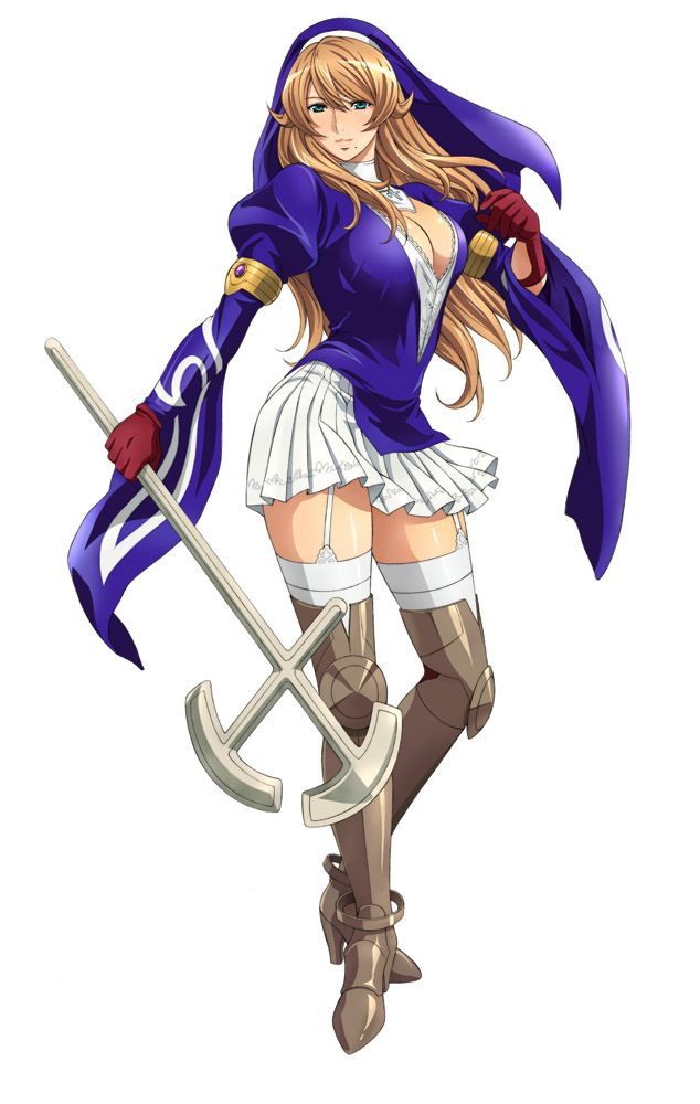1girl armlet bangs boots breasts brown_hair cleavage full_body garter_straps gloves green_eyes habit high_heel_boots high_heels holding holding_staff juliet_sleeves large_breasts long_hair long_sleeves looking_at_viewer mole mole_under_mouth nun official_art puffy_sleeves queen's_blade queen's_blade_rebellion red_gloves sigui_(queen's_blade) skirt smile solo staff tachi-e thigh-highs thigh_boots white_background white_legwear white_skirt wide_sleeves