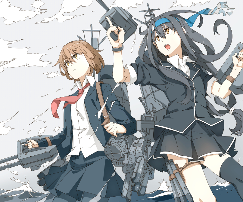 2girls black_hair black_legwear black_skirt blazer blouse brown_eyes brown_hair clouds grey_sky hachimaki hatsushimo_(kantai_collection) headband jacket kantai_collection long_hair looking_away low-tied_long_hair multiple_girls necktie ninimo_nimo ocean open_mouth pantyhose red_necktie remodel_(kantai_collection) school_uniform searchlight short_hair short_sleeves single_thighhigh skirt smokestack thigh-highs torpedo turret wakaba_(kantai_collection) waves white_blouse