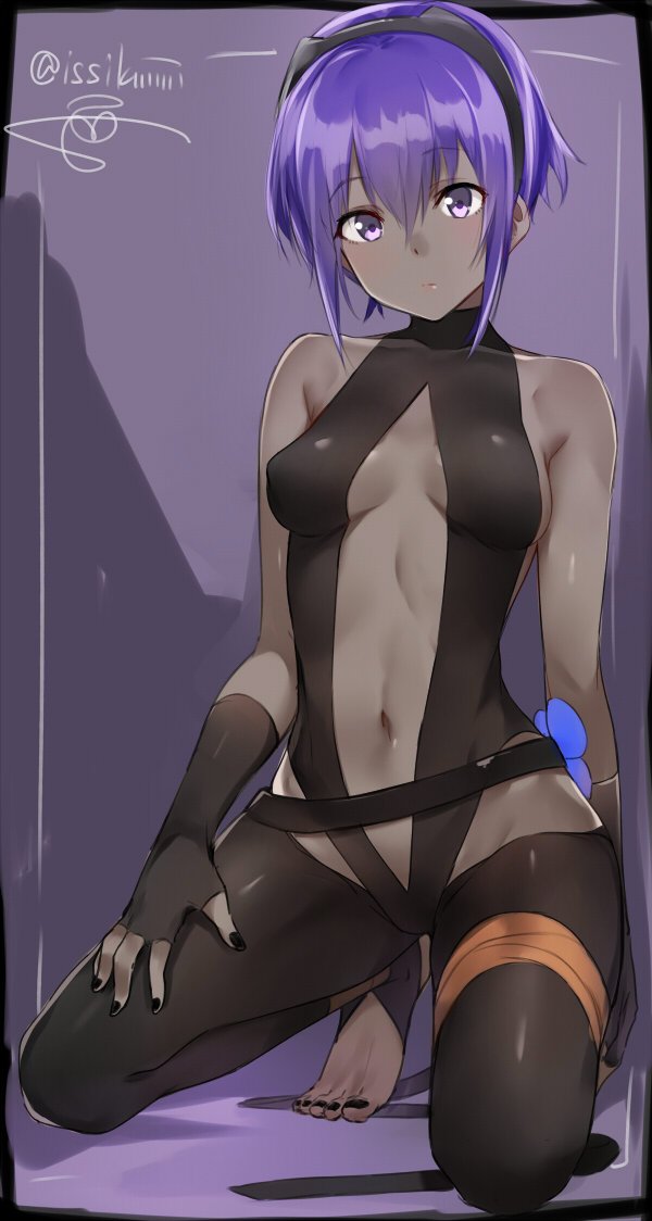 1girl assassin_(fate/prototype_fragments) bare_shoulders black_gloves black_legwear breasts dark_skin fate/prototype fate/prototype:_fragments_of_blue_and_silver fate_(series) fingerless_gloves full_body gloves groin hairband impossible_clothes isshiki_(ffmania7) kneeling lips looking_at_viewer medium_breasts navel purple_hair short_hair toes violet_eyes