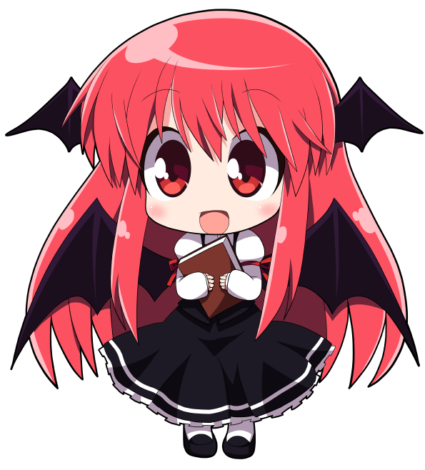 1girl blush book chibi demon_wings dress frilled_dress frills holding holding_book imp koakuma long_hair osaragi_mitama pink_hair red_eyes smile solo the_embodiment_of_scarlet_devil touhou very_long_hair wings