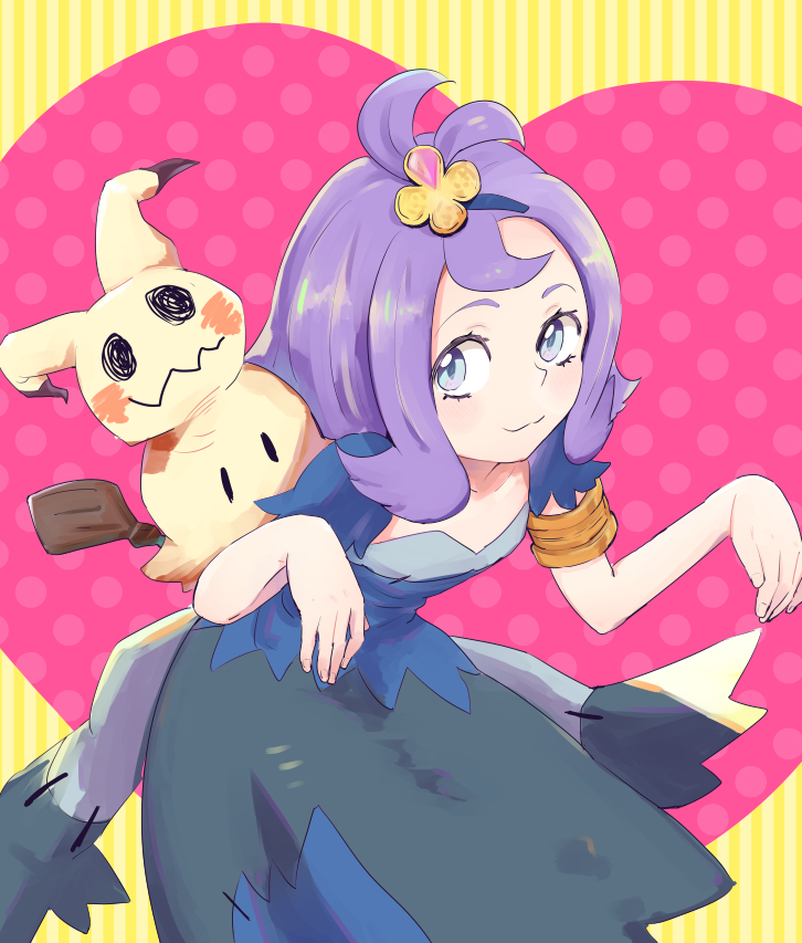 1girl :3 acerola_(pokemon) armlet ayatori_(sensei_heroism) bangs bare_arms bent_over blue_eyes closed_mouth collarbone costume dress elite_four eyelashes fingernails flat_chest flipped_hair hair_ornament heart leaning_forward looking_away looking_to_the_side mimikyu pikachu_costume pokemon pokemon_(creature) pokemon_(game) pokemon_sm polka_dot purple_hair short_hair short_sleeves smile standing stitches striped striped_background topknot torn_clothes torn_dress torn_sleeves trial_captain z-move