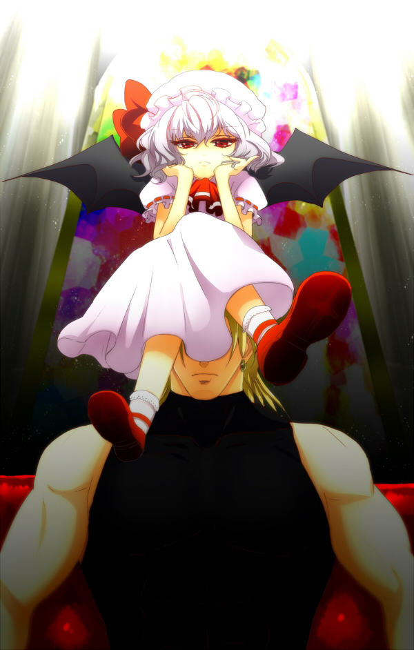 1boy 1girl ascot crossover dio_brando dress earrings frown hat hat_ribbon head_rest honchu jewelry jojo_no_kimyou_na_bouken legs_crossed mob_cap muscle puffy_short_sleeves puffy_sleeves red_eyes remilia_scarlet ribbon ribbon-trimmed_sleeves ribbon_trim short_sleeves sitting sitting_on_head sitting_on_person touhou white_dress white_hair wings