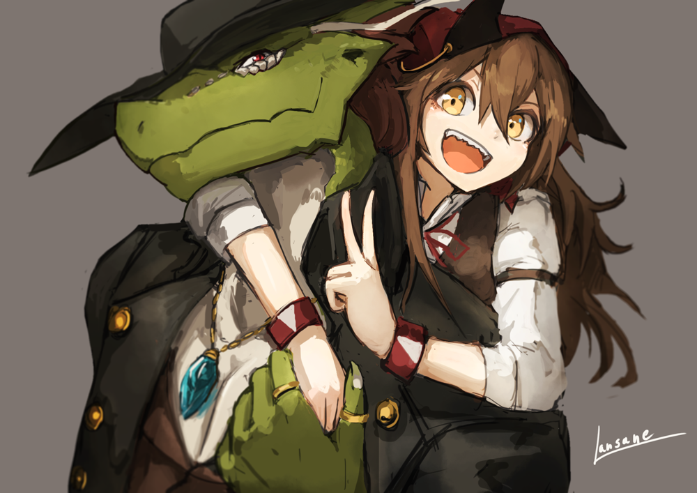 1girl animal_ears arms_around_neck artist_name brown_background brown_hair brown_jacket dragon hair_between_eyes hand_holding hat jacket jewelry kerchief lansane long_hair long_sleeves looking_at_viewer necklace open_mouth original red_eyes ring shirt skirt smile teeth thumb_ring v vest wolf_ears wristband yellow_eyes