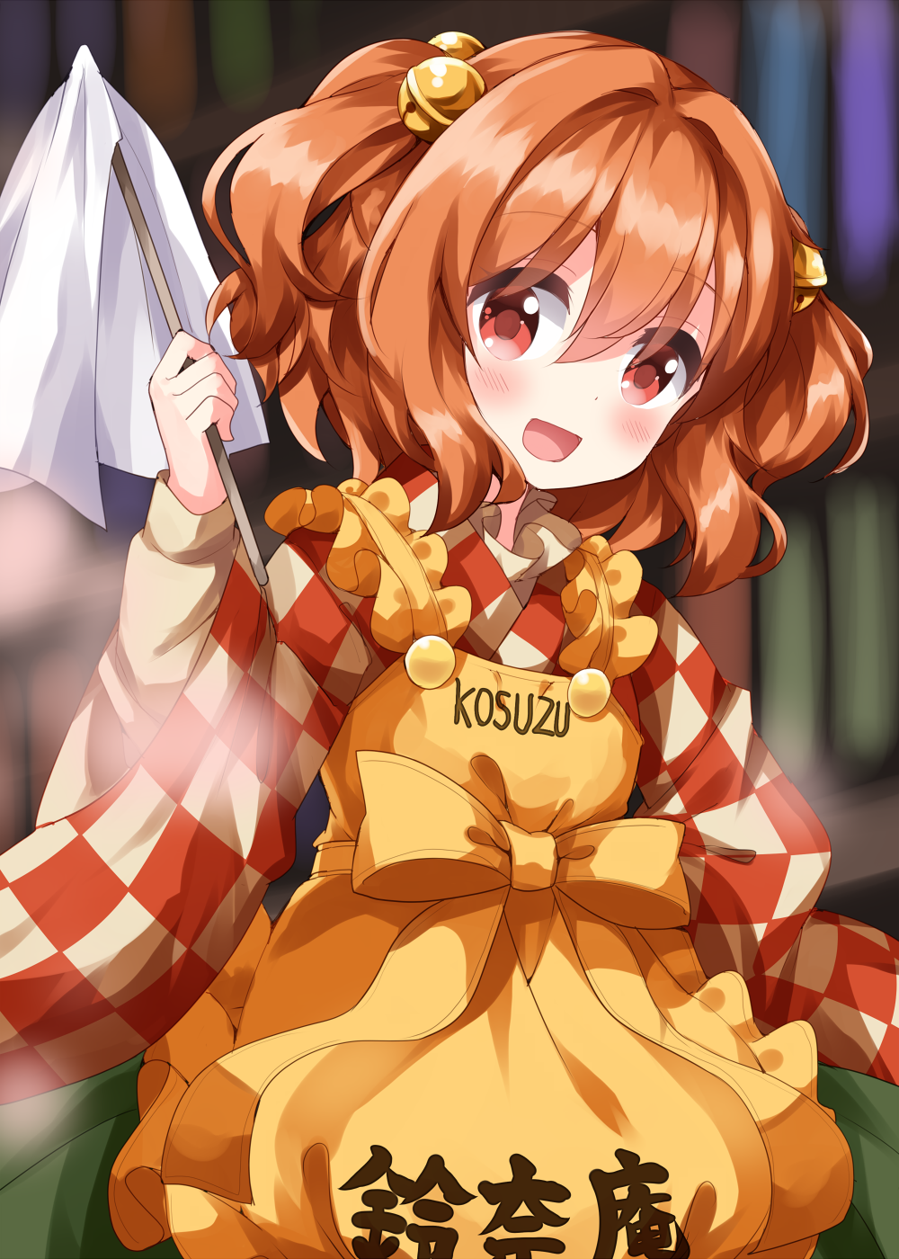 1girl apron bell blush checkered_clothes checkered_kimono clothes_writing green_skirt hair_bell hair_between_eyes hair_ornament highres japanese_clothes jingle_bell kimono long_sleeves motoori_kosuzu open_mouth red_eyes redhead ruu_(tksymkw) short_hair skirt smile solo touhou two_side_up wide_sleeves yellow_apron