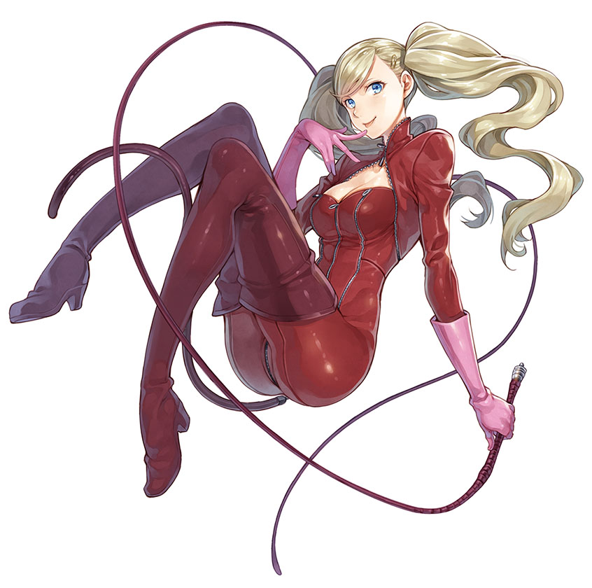 1girl blonde_hair blue_eyes bodysuit boots breasts cleavage full_body gloves keg long_hair persona persona_5 pink_gloves solo takamaki_ann thigh-highs thigh_boots tongue twintails whip white_background