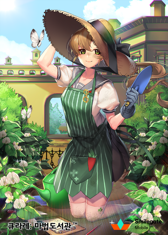 1girl adjusting_clothes adjusting_hat animal apron black_gloves blue_sky brown_hair butterfly clipboard clouds day flower garden glasses glasses_removed gloves green_eyes hat hat_ribbon kneeling long_hair official_art outdoors ponytail qurare_magic_library ribbon school_uniform sky straw_hat sun_hat thigh-highs trowel watering_can watermark white_legwear yamijam