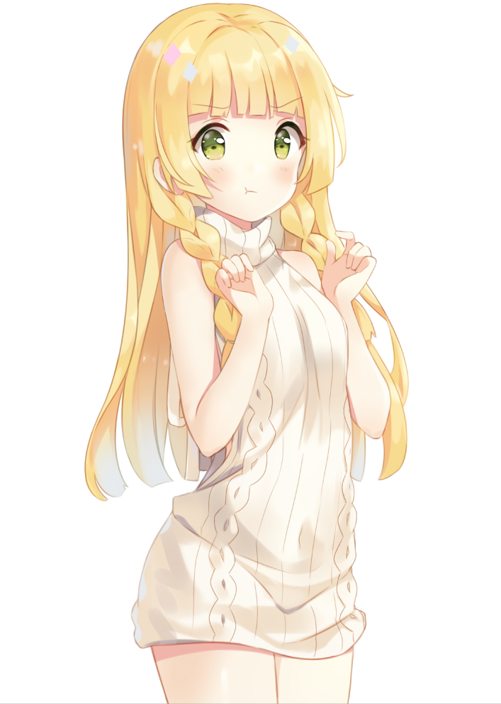 1girl bangs bare_shoulders blonde_hair blunt_bangs blush breasts closed_mouth covered_navel green_eyes hand_up hands_together hitsukuya lillie_(pokemon) long_hair looking_at_viewer pokemon pokemon_(game) pokemon_sm pout simple_background sleeveless solo sweater turtleneck turtleneck_sweater virgin_killer_sweater white_background