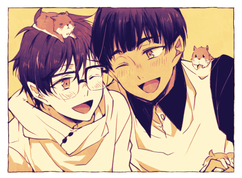 2boys ;d animal animal_on_head animal_on_shoulder black_hair brown_eyes dark_skin dark_skinned_male glasses grey_eyes hamster katsuki_yuuri lowres male_focus multiple_boys muted_color naho_(pi988y) on_head one_eye_closed open_mouth phichit_chulanont smile yuri!!!_on_ice