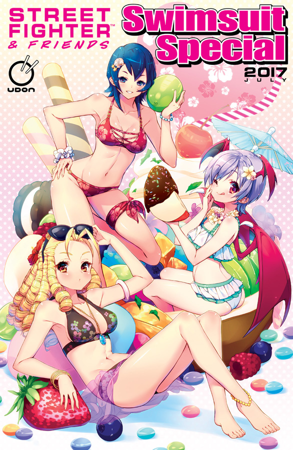 2017 3girls :q aki_li anklet antenna_hair apple artist_request ass ayuhara_natsu barefoot bat_wings blonde_hair blue_hair breasts capcom cleavage company_connection cover cover_page crossover demon_girl flat_chest food fruit full_body hair_ornament hairclip hand_on_hip head_wings jewelry kanzuki_karin lilith_aensland lying medium_breasts midriff minigirl multiple_crossover multiple_girls navel oversized_object purple_hair ringlets rival_schools rival_schools:_united_by_fate sarong short_hair sitting strawberry street_fighter toes tongue tongue_out udon_entertainment vampire_(game) wings