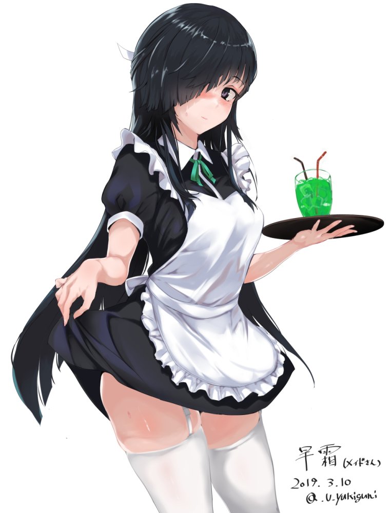 1girl alternate_costume apron bangs black_dress black_eyes black_hair blunt_bangs character_name commentary_request cowboy_shot dated dress dress_lift drink frilled_apron frills garter_straps hair_over_one_eye hayashimo_(kantai_collection) kantai_collection long_hair looking_at_viewer simple_background solo thigh-highs tray twitter_username very_long_hair waitress white_apron white_background white_legwear yukiguni_yuu