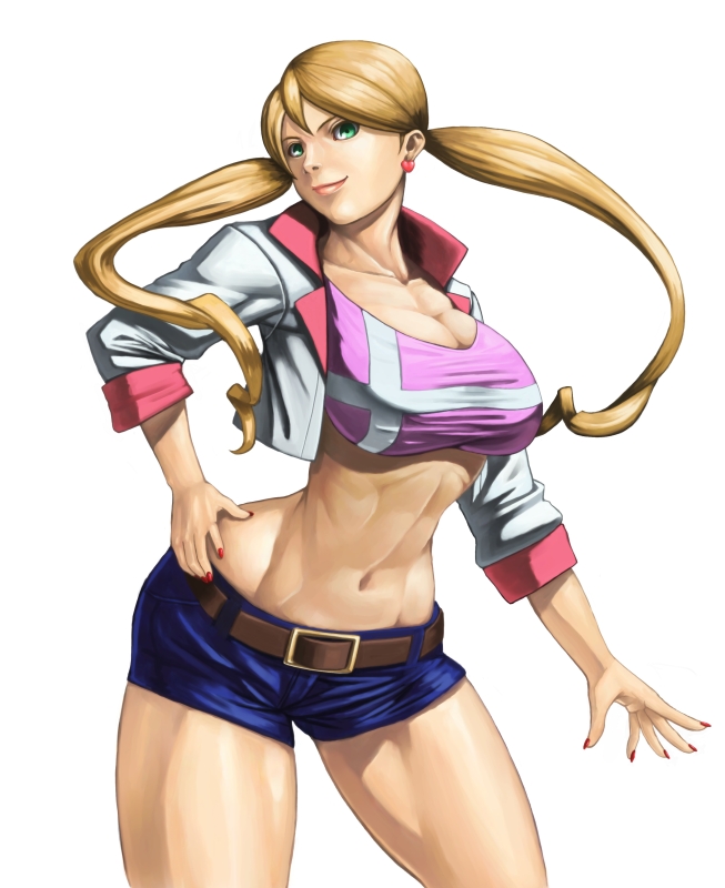 1girl blonde_hair breasts cleavage earrings green_eyes groin gundam gundam_tekketsu_no_orphans heart_earrings jewelry lafter_frankland large_breasts long_hair looking_at_viewer mobile_suit_gundam muscle muscular_female nail_polish navel shinonome_(game_hakkutsu_tai) short_shorts shorts simple_background smile solo thighs toned white_background
