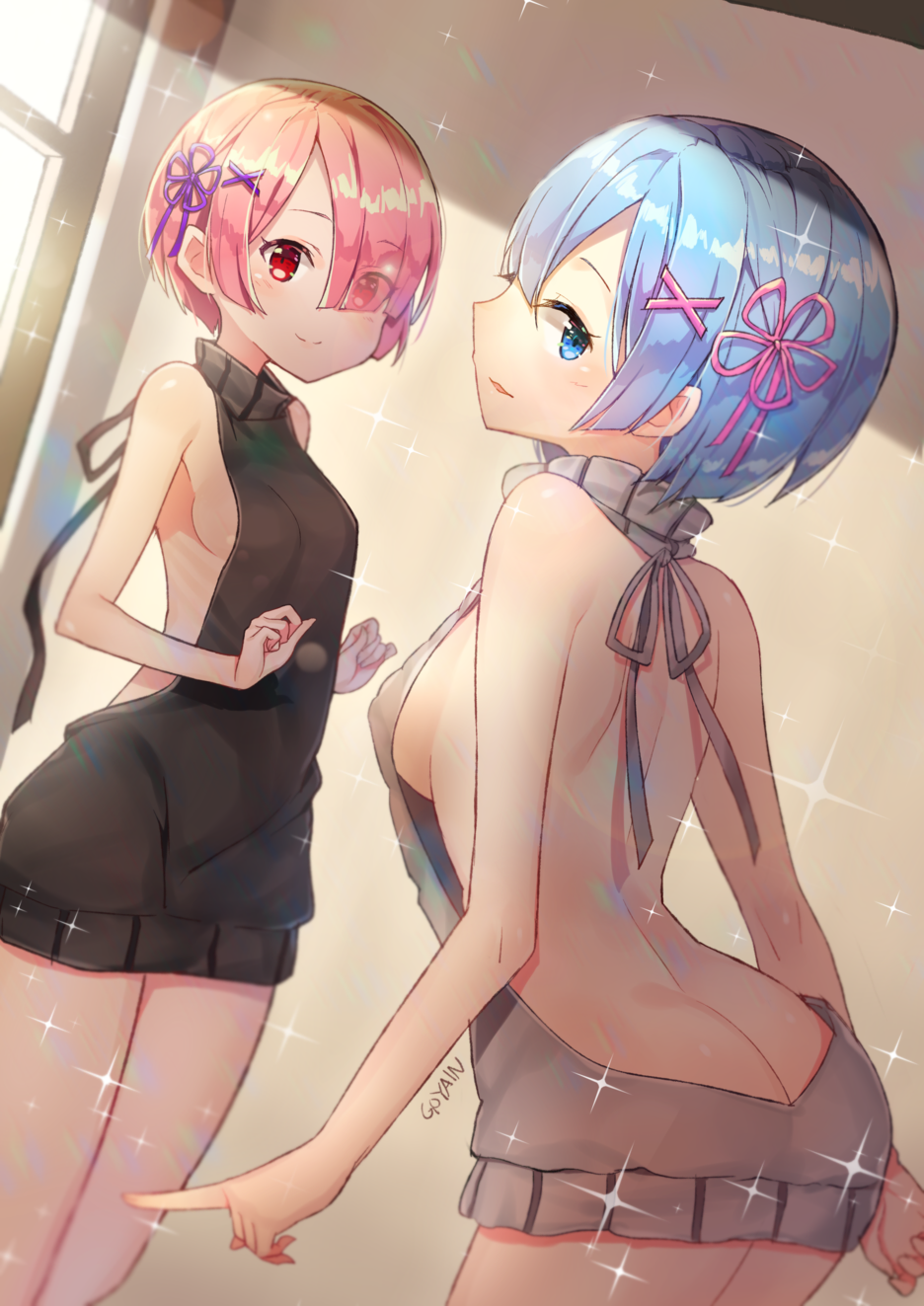 2girls arm_at_side ass back backless_outfit bare_back bare_shoulders bedroom blue_eyes blue_hair blush breasts butt_crack cowboy_shot dress dutch_angle eyebrows_visible_through_hair eyes_visible_through_hair from_behind hair_ornament halterneck highres indoors jewriel leaning_forward looking_at_viewer looking_back medium_breasts multiple_girls naked_sweater parted_lips pink_eyes pink_hair ram_(re:zero) re:zero_kara_hajimeru_isekai_seikatsu red_eyes rem_(re:zero) ribbed_sweater short_hair siblings sideboob sisters small_breasts smile sweater sweater_dress thighs turtleneck turtleneck_sweater virgin_killer_sweater
