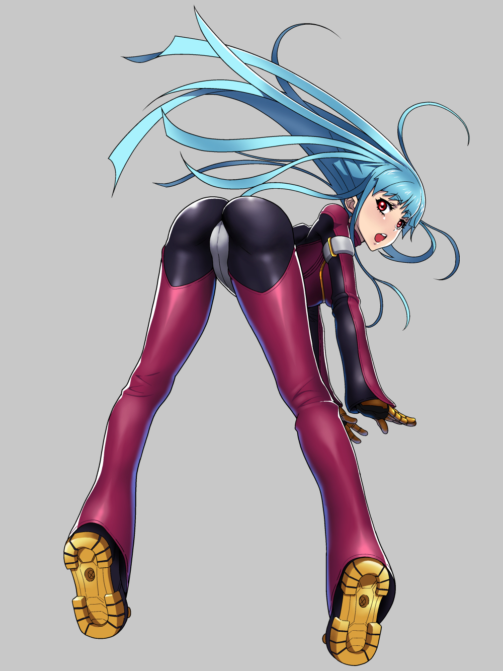 1girl ass blue_hair don_(rg06268) gloves grey_background highres kula_diamond long_hair looking_at_viewer looking_back red_eyes simple_background solo the_king_of_fighters