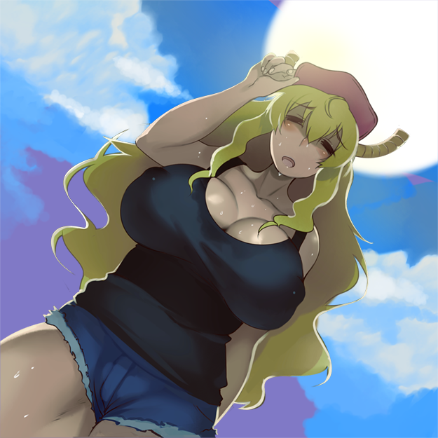 1girl bare_shoulders baseball_cap black_shirt blonde_hair blue_sky blush breasts cleavage closed_eyes clouds collarbone commentary_request cutoffs day denim denim_shorts dragon_girl dutch_angle erect_nipples hat horns hot huge_breasts kobayashi-san_chi_no_maidragon long_hair no_bra outdoors quetzalcoatl_(maidragon) shiny shiny_skin shirt short_shorts shorts sky sleeveless smile solo standing sun sweat sweating tank_top taosym