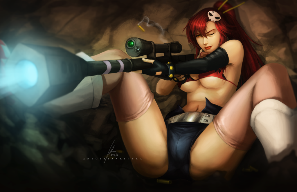 1girl 2016 aiming anti-materiel_rifle artist_name bare_shoulders belt bikini_top black_gloves boots bracer breasts brian_rivera casing_ejection closed_mouth dated eyelashes fingerless_gloves firing flame_print gloves gun hair_ornament hair_stick holding holding_gun holding_weapon large_breasts lips long_hair looking_at_viewer midriff muzzle_flash navel on_ground one_eye_closed pink_legwear ponytail red_lips redhead rifle scarf scope shell_casing short_shorts shorts sideboob signature skull_hair_ornament sniper_rifle solo spread_legs strap_gap studded_belt studded_bracelet tengen_toppa_gurren_lagann thigh-highs under_boob weapon white_boots yoko_littner