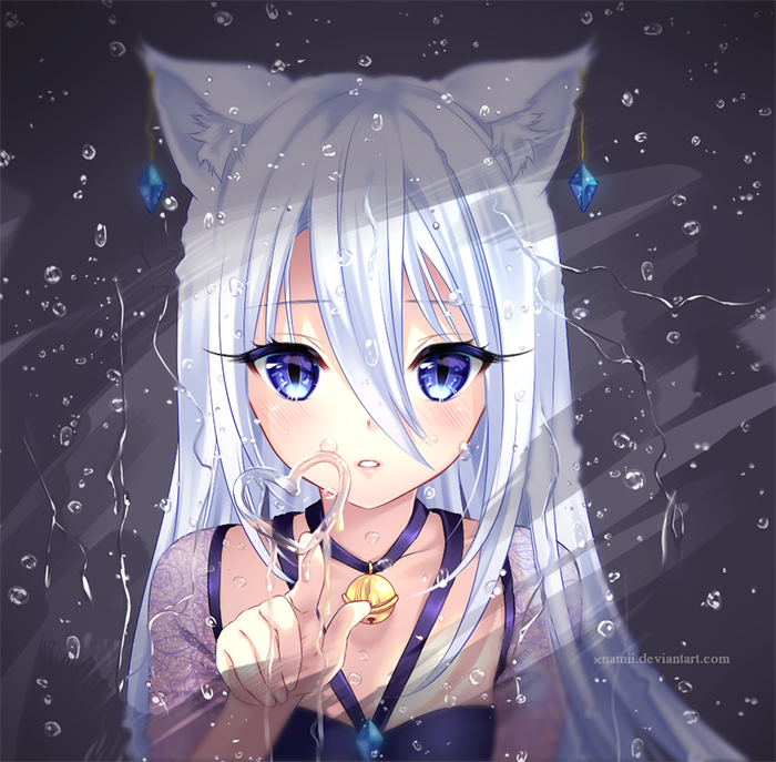 1girl animal_ears bangs bell blue_eyes blush cat_ears cat_girl collar collarbone crystal_earrings drawing earrings fourth_wall glass heart jewelry long_hair looking_at_viewer natsumii_chan open_mouth original pointing pointing_at_viewer simple_background solo water water_drop watermark