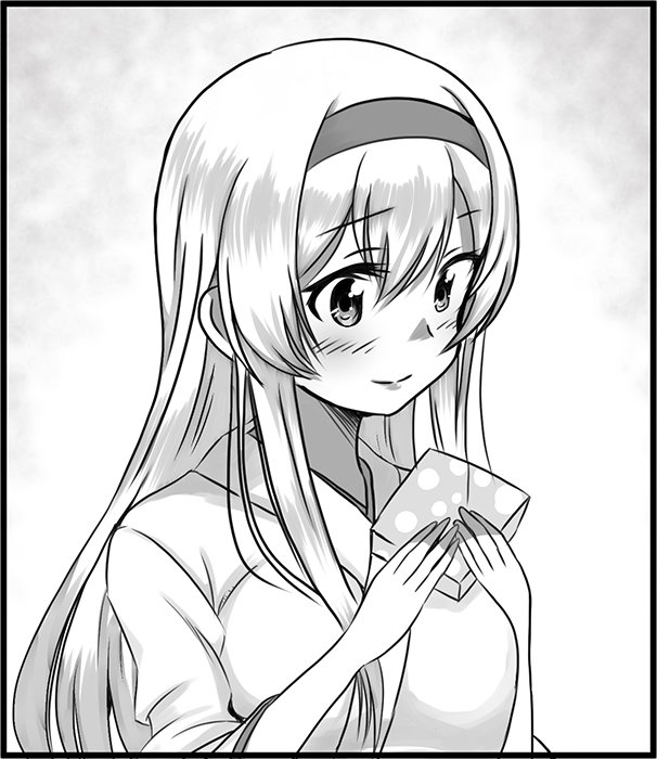 1girl blush box breasts commentary_request gift gift_box gradient gradient_background greyscale hairband holding holding_gift japanese_clothes kantai_collection long_hair long_sleeves medium_breasts monochrome shino_(ponjiyuusu) shoukaku_(kantai_collection) sidelocks smile solo