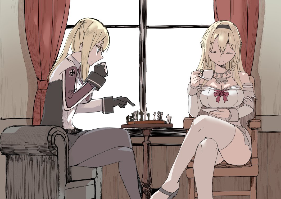 2girls bare_shoulders black_gloves black_legwear blonde_hair board_game braid breasts celtic_knot chair chess chess_piece chessboard closed_eyes corset cross cup curtains dress french_braid garter_straps gloves graf_zeppelin_(kantai_collection) hair_between_eyes hairband iron_cross jacket jewelry kantai_collection large_breasts legs_crossed long_hair long_sleeves masukuza_j military military_uniform miniskirt mug multiple_girls necklace necktie off-shoulder_dress off_shoulder pantyhose red_ribbon ribbon sidelocks skirt smile table tea teacup thigh-highs twintails uniform warspite_(kantai_collection) white_dress white_legwear window