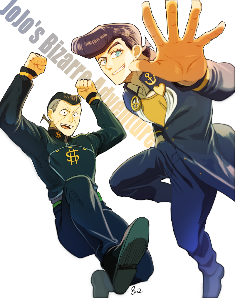 2boys 302 anchor_symbol aqua_eyes artist_name black_hair copyright_name earrings facial_mark gakuran grin hand_in_pocket heart higashikata_jousuke jewelry jojo_no_kimyou_na_bouken male_focus multiple_boys nijimura_okuyasu open_mouth peace_symbol pompadour purple_hair school_uniform signature smile stud_earrings