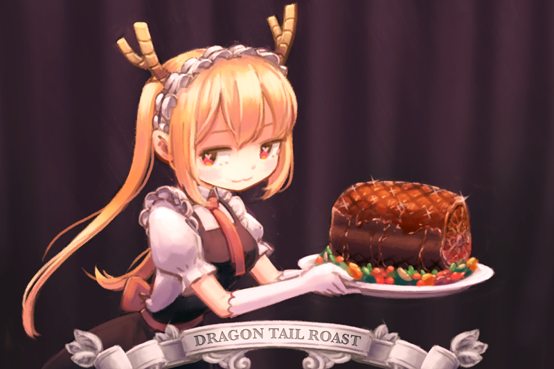 1girl :3 allen_(makaroll) blonde_hair closed_mouth collared_shirt dragon_girl dragon_horns dragon_tail_steak dress english food frilled_sleeves frills from_side gloves heart heart-shaped_pupils holding horns kobayashi-san_chi_no_maidragon long_hair looking_at_viewer maid maid_headdress meat necktie puffy_short_sleeves puffy_sleeves red_eyes red_necktie shirt short_sleeves solo sparkle symbol-shaped_pupils tooru_(maidragon) tray twintails upper_body vegetable white_gloves wing_collar