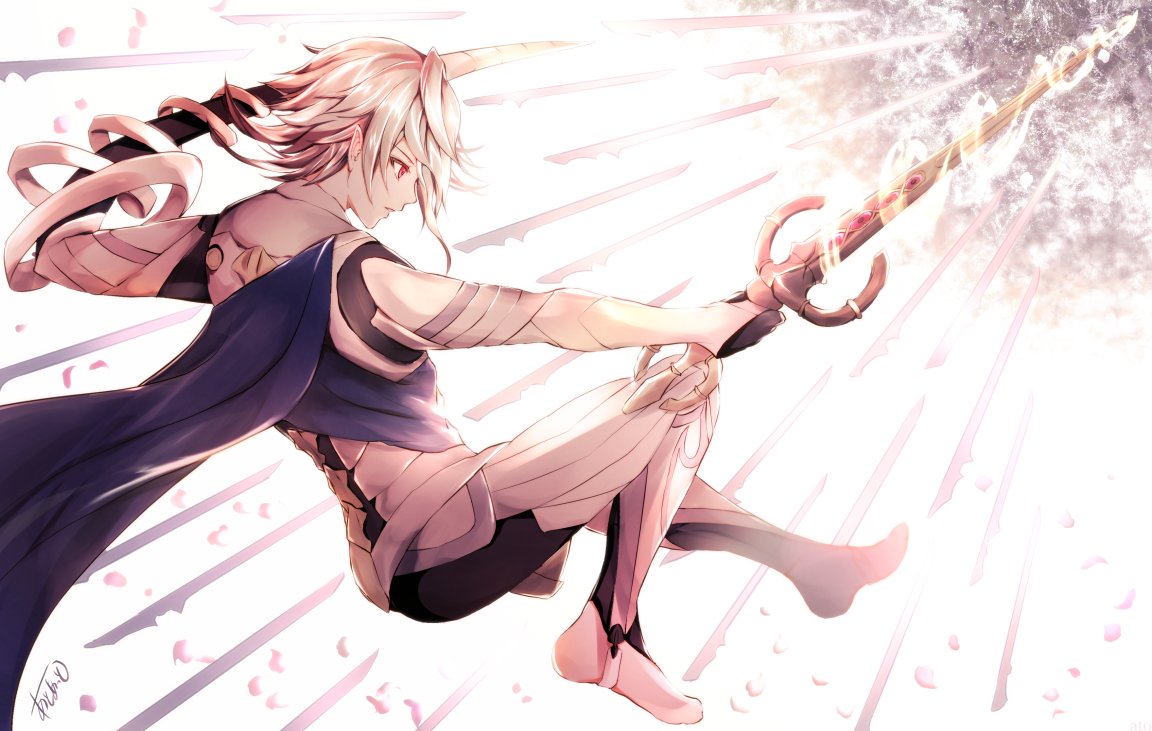 1boy armor atoatto cape fire_emblem fire_emblem_if holding holding_weapon male_focus male_my_unit_(fire_emblem_if) my_unit_(fire_emblem_if) petals sword weapon white_background white_hair