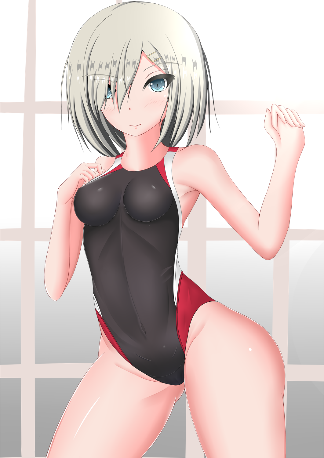 1girl black_swimsuit blue_eyes competition_swimsuit cowboy_shot eyes_visible_through_hair hair_over_one_eye hamakaze_(kantai_collection) highres impossible_clothes impossible_swimsuit kantai_collection looking_at_viewer one-piece_swimsuit porupin pose silver_hair solo swimsuit white_hair