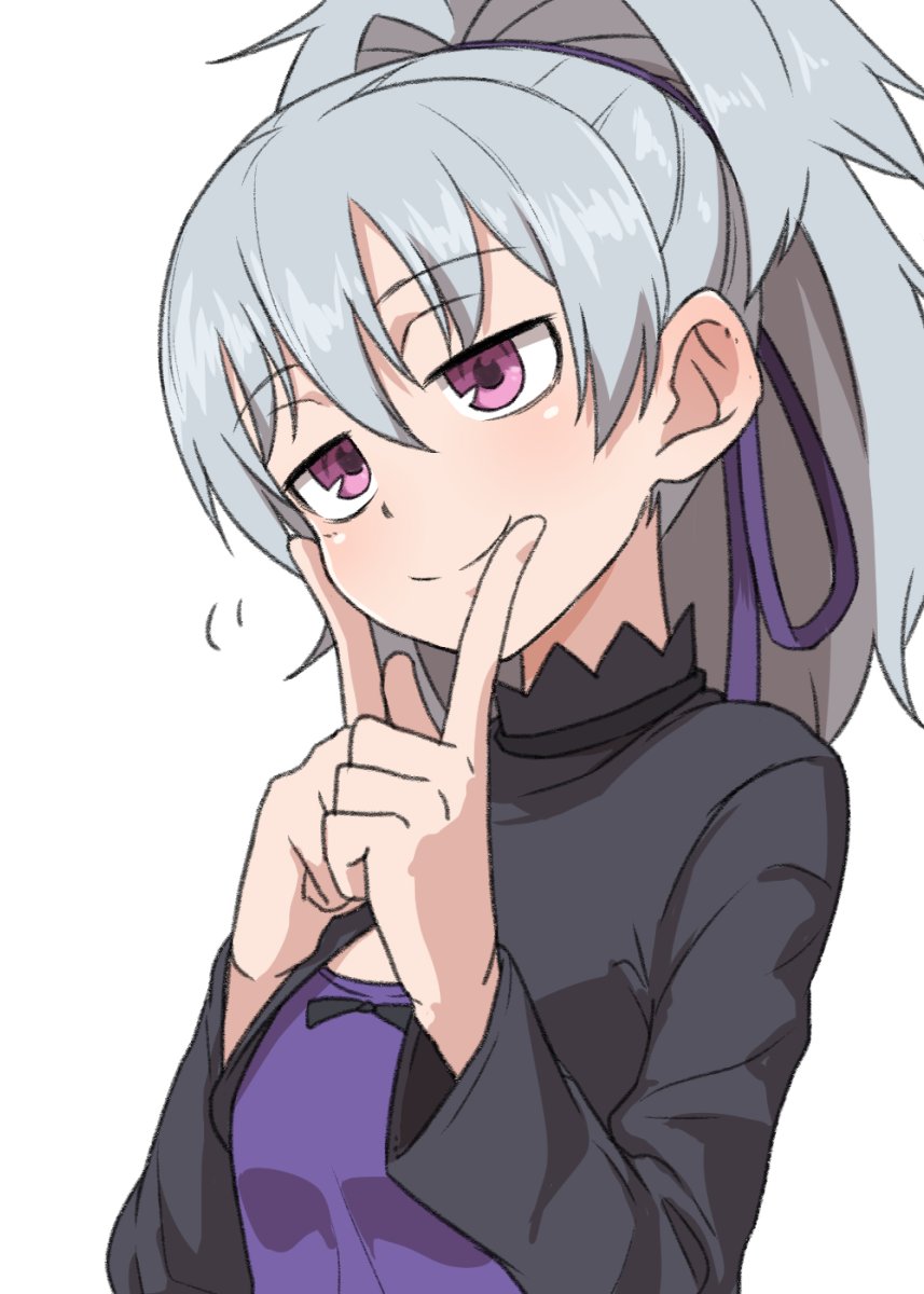 1girl blush breasts cape closed_mouth darker_than_black dress gazacy_(dai) hair_ribbon half-closed_eyes highres long_sleeves looking_to_the_side ponytail purple_dress ribbon silver_hair small_breasts smile solo upper_body violet_eyes yin