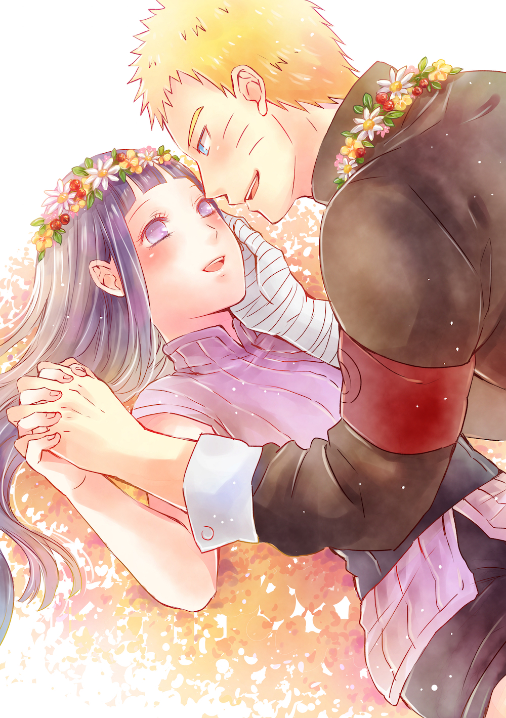 1boy 1girl bandaged_arm blonde_hair blue_eyes blush couple eye_contact flower flower_necklace hand_holding head_wreath highres hyuuga_hinata jewelry lavender_eyes looking_at_another naruto naruto:_the_last necklace purple_hair smile ting uzumaki_naruto whisker_markings whiskers