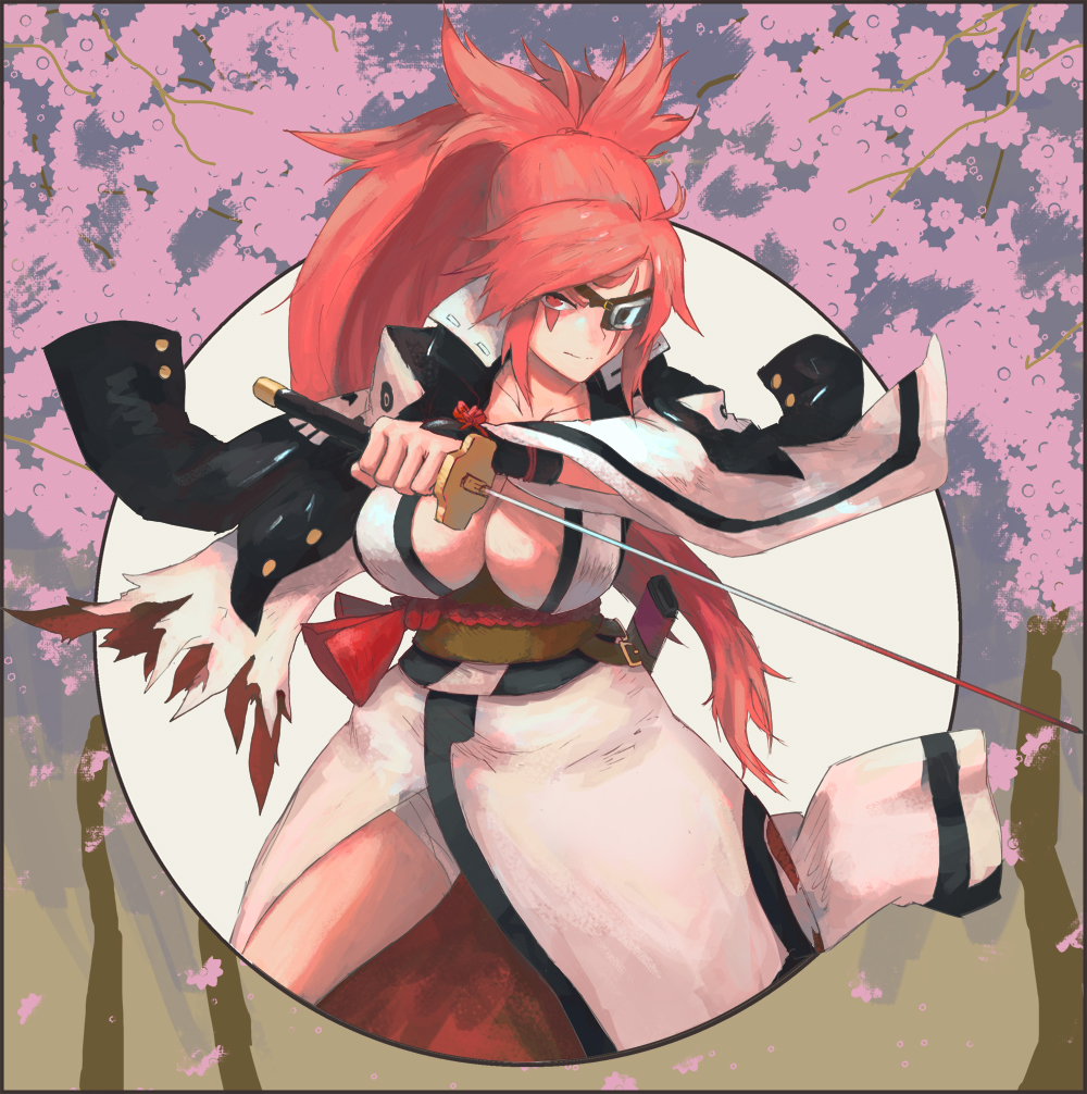 1girl amputee baiken bandage breasts cleavage eyepatch facial_mark facial_tattoo forehead_mark goggles guilty_gear guilty_gear_xrd jacket_on_shoulders japanese_clothes katana kimono large_breasts long_hair no_bra obi one-eyed open_clothes open_kimono pink_eyes pink_hair ponytail quentin_lecuiller reverse_grip sash scar scar_across_eye solo sword tattoo weapon