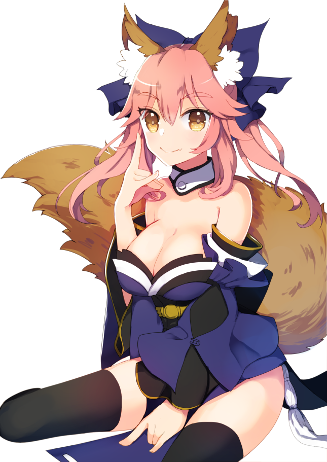1girl \n/ ameshizuku_natsuki animal_ears blue_legwear bow breasts cleavage detached_sleeves fate/extra fate/grand_order fate_(series) fox_ears fox_tail hair_bow hair_ribbon japanese_clothes large_breasts looking_at_viewer pink_hair ribbon simple_background sitting solo tail tamamo_(fate)_(all) tamamo_no_mae_(fate) thighs wariza white_background yellow_eyes