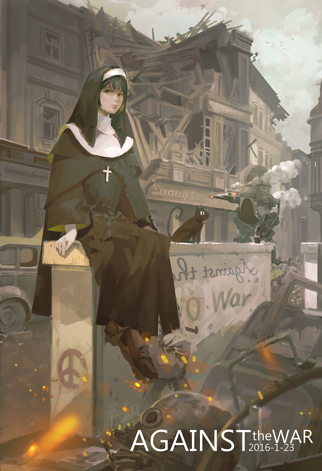 1girl 2016 animal bird black_eyes black_hair building car cat closed_mouth clouds cross cross_necklace dated day embers english fire full_body ground_vehicle highres jewelry long_sleeves mecha motor_vehicle necklace number nun original outdoors peace_symbol ray_(zzr111) robot ruins shoes short_hair sitting sky smoke