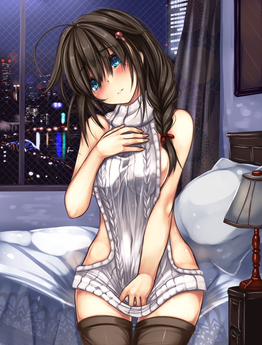 1girl aran_sweater backless_outfit bare_shoulders bed blue_eyes blush braid breasts brown_hair dress hair_flaps hair_over_shoulder halterneck highres kantai_collection long_hair looking_at_viewer monikano on_bed open-back_dress pillow remodel_(kantai_collection) ribbed_sweater shigure_(kantai_collection) sideboob single_braid sitting sitting_on_bed solo sweater sweater_dress thigh-highs turtleneck turtleneck_sweater virgin_killer_sweater