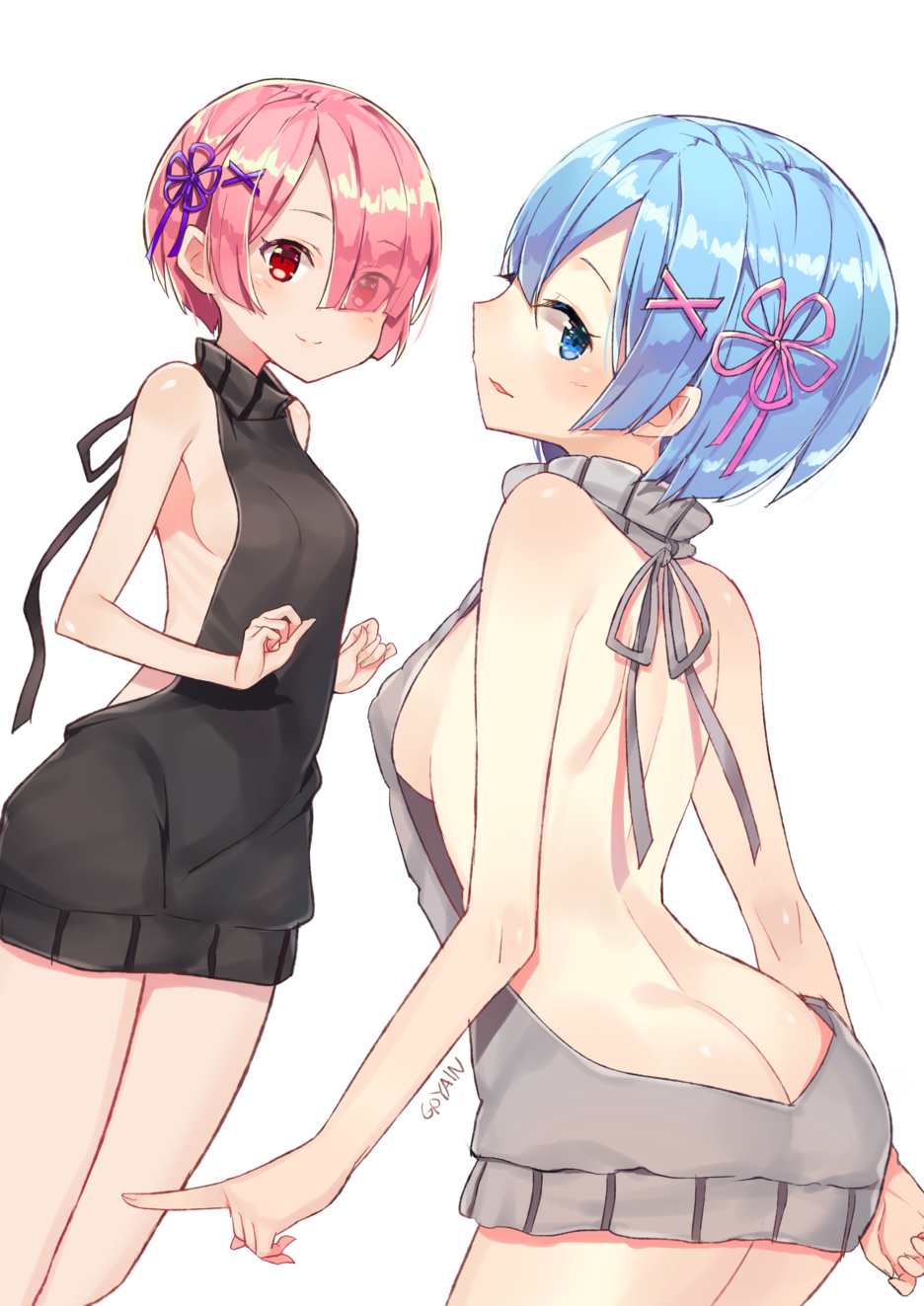 2girls arm_at_side ass back backless_outfit bare_back bare_shoulders blue_eyes blue_hair blush breasts butt_crack cowboy_shot dress dutch_angle eyebrows_visible_through_hair eyes_visible_through_hair from_behind hair_ornament halterneck highres jewriel leaning_forward looking_at_viewer looking_back medium_breasts multiple_girls naked_sweater parted_lips pink_eyes pink_hair ram_(re:zero) re:zero_kara_hajimeru_isekai_seikatsu red_eyes rem_(re:zero) ribbed_sweater short_hair siblings sideboob simple_background sisters small_breasts smile sweater sweater_dress thighs turtleneck turtleneck_sweater virgin_killer_sweater white_background