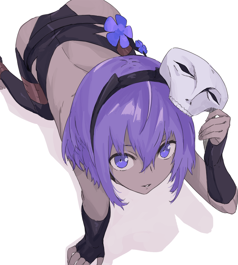 1girl all_fours assassin_(fate/prototype_fragments) backless_outfit crawling dark_skin fate/prototype fate/prototype:_fragments_of_blue_and_silver fate_(series) fingerless_gloves gloves holding holding_mask looking_at_viewer looking_up mask mask_removed purple_hair short_hair skull_mask solo takenisketch violet_eyes white_background