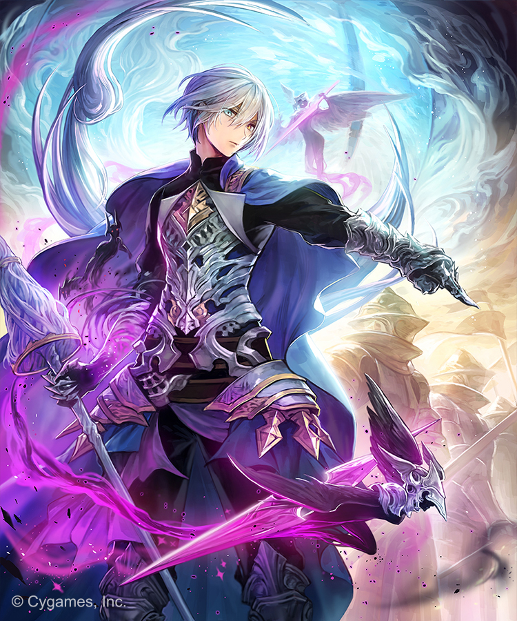 1boy aqua_eyes armor blue_cape breastplate cape crystal eyebrows_visible_through_hair hair_between_eyes hakou_(barasensou) heterochromia holding holding_spear holding_weapon looking_at_viewer magic male_focus official_art polearm shingeki_no_bahamut silver_hair spear standing watermark weapon white_hair yellow_eyes
